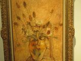 une peinture représentant un vase avec des fleurs sur une table