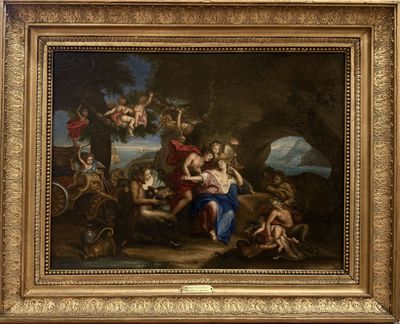 tableau représentant un groupe de personnes dans un décor boisé