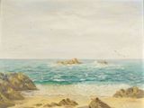 une image représentant une peinture d'une scène de plage avec des rochers dans l'eau