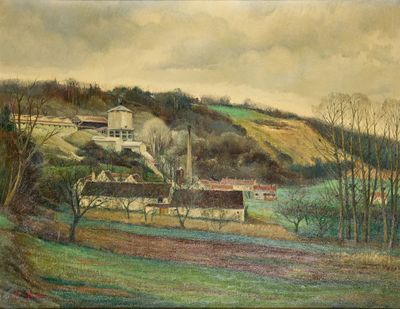 une peinture à l'huile représentant une ferme dans une région vallonnée, avec une colline en arrière-plan