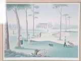 painting of people playing golf in a golf course with a house in the background