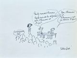 dessin représentant un groupe de personnes assises à une table devant une foule