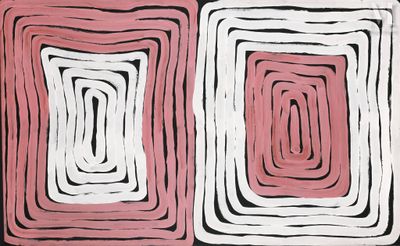 peinture abstraite représentant des carrés roses et blancs sur fond noir