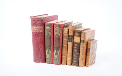 plusieurs vieux livres sont alignés sur une surface blanche