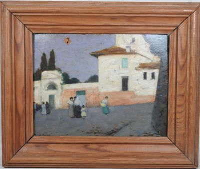 une peinture à l'huile représentant une scène de village avec une église en arrière-plan