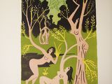 an image of a painting of a woman and two men in a forest