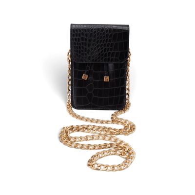 sac à bandoulière en cuir gaufré imitation crocodile noir, avec une bandoulière en chaîne dorée