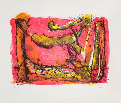 drawing of a man playing a harp in a pink room