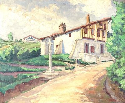 a painting of a house on the side of the road
