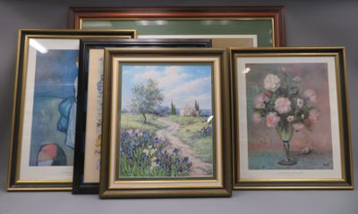 Six pièces encadrées diverses dont importante reproduction d…