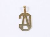a close up of a gold pendant with the letter a on it