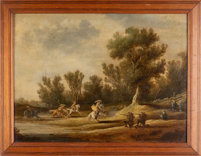 Attribué à Jan VAN GOYEN (1596-1656) "Cavaliers dans un sous…