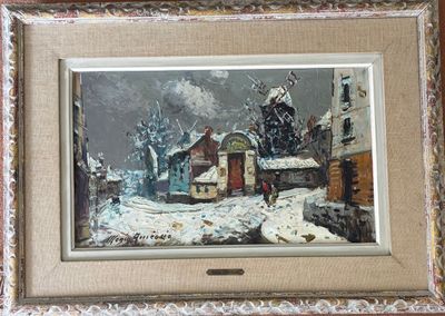 tableau représentant un village enneigé, avec un homme marchant dans la neige