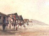 une aquarelle représentant une scène de rue avec une personne marchant sur le trottoir