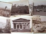 several old black and white photos of a building and a boat