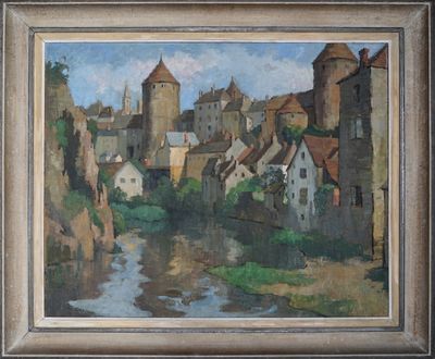 une peinture à l'huile représentant une rivière traversant une ville, avec un château en arrière-plan