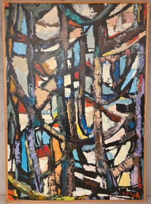 une peinture abstraite représentant un groupe d'arbres dans une forêt
