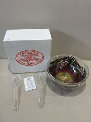 un bol de fruits et des cuillères à côté d'une boîte de fourchettes