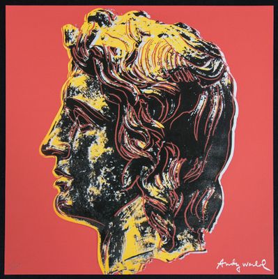 an image of a painting of a man ' s head on a red background