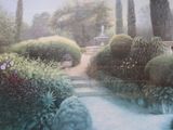 a painting of a garden with a fountain in the background