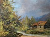 une peinture à l'huile représentant une maison et un ruisseau dans un environnement boisé