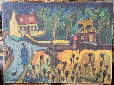 une peinture représentant une peinture d'une maison dans les bois