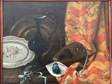 une peinture représentant une nature morte avec un bol et une assiette