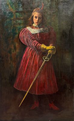 an old painting of a woman in a red dress holding a sword