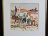 framed watercolor painting of a street scene with a horse drawn carriage