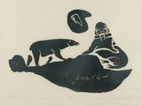 a black and white drawing of a bear and a man on a boat