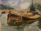 a painting of a boat in the water with a mountain in the background
