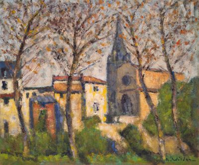 une peinture à l'huile représentant une église et des arbres dans un champ