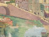 an image of a painting of a bridge over a river with a castle in the background