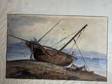 une image d'un tableau représentant un bateau sur la plage