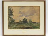 l'image d'un tableau représentant un paysage avec des arbres en arrière-plan