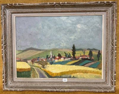 une image d'un tableau représentant une scène de ferme dans un cadre doré
