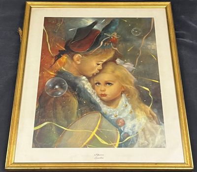 framed picture of a painting of a boy and a girl with a bird on his shoulder