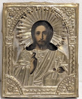 Icône du Christ Pantocrator. Peinture sur bois, dans son okl…