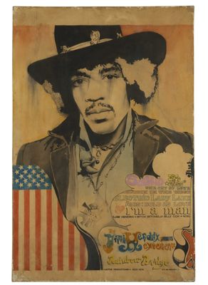 an old poster of a man wearing a hat and holding an american flag