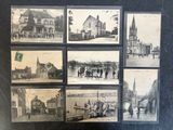 several black and white photographs of old buildings and people in front of them