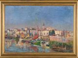 une peinture à l'huile représentant des bateaux dans un port avec des bâtiments à l'arrière-plan
