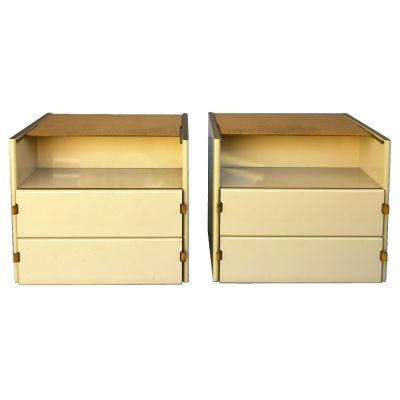 pair of mid century modern nightstands with brass hardware for sale