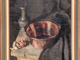 painting of a still life with a copper bowl and a wine bottle