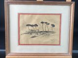 framed drawing of three trees on a hill with a red border
