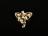 un gros plan d'une broche en or ornée de fleurs