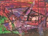 peinture abstraite représentant un bateau sur l'eau, avec un ciel rouge en arrière-plan