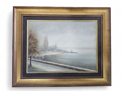 painting of a view of a lake with a boat in the distance