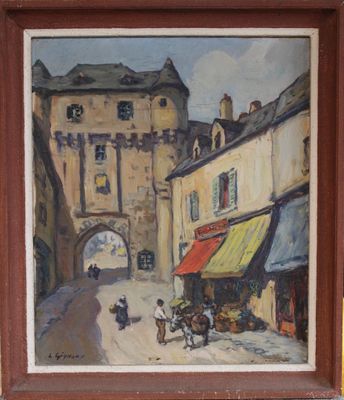 un tableau représentant une scène de rue avec un cheval et une calèche