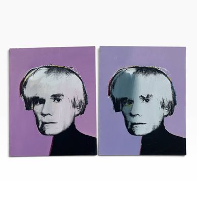 deux tableaux représentant un homme et une femme sur fond violet et violet