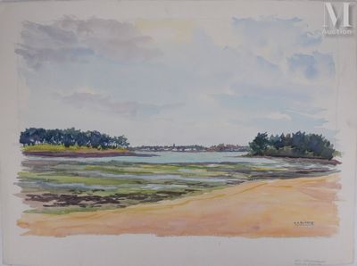 aquarelle représentant une vue sur une plage et un plan d'eau